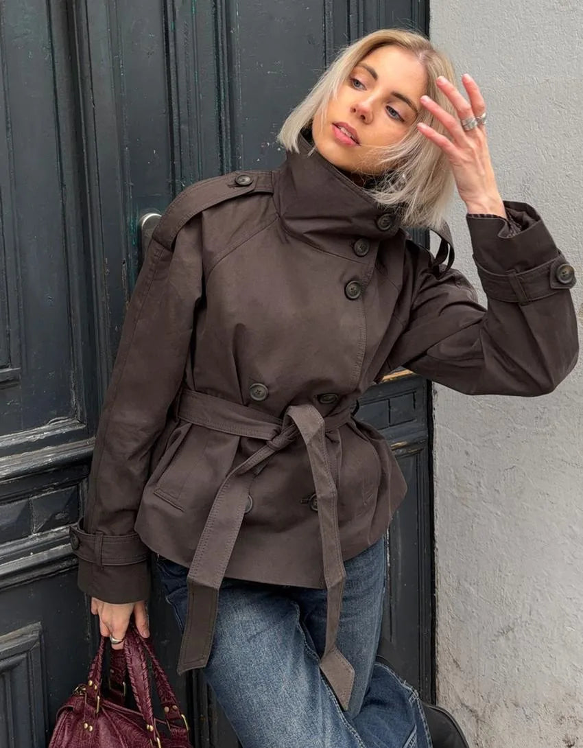 Delia | Women's Cropped Belted Trench Jacket in Cotton Blend