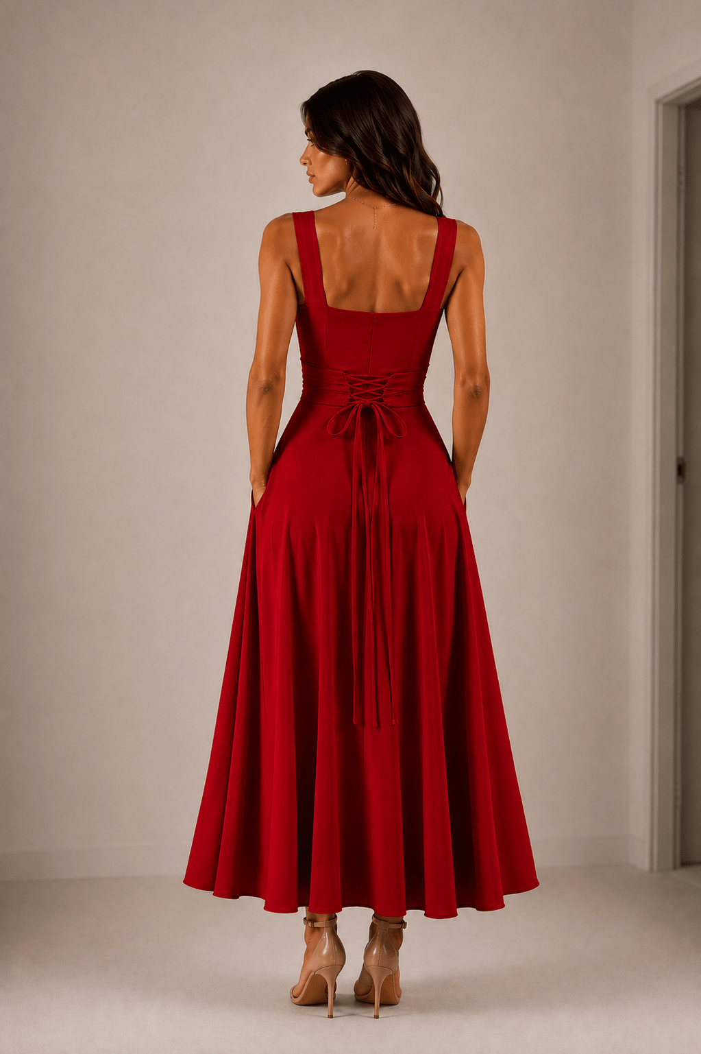 Fiorella Back Tie Midi Dress with Pockets