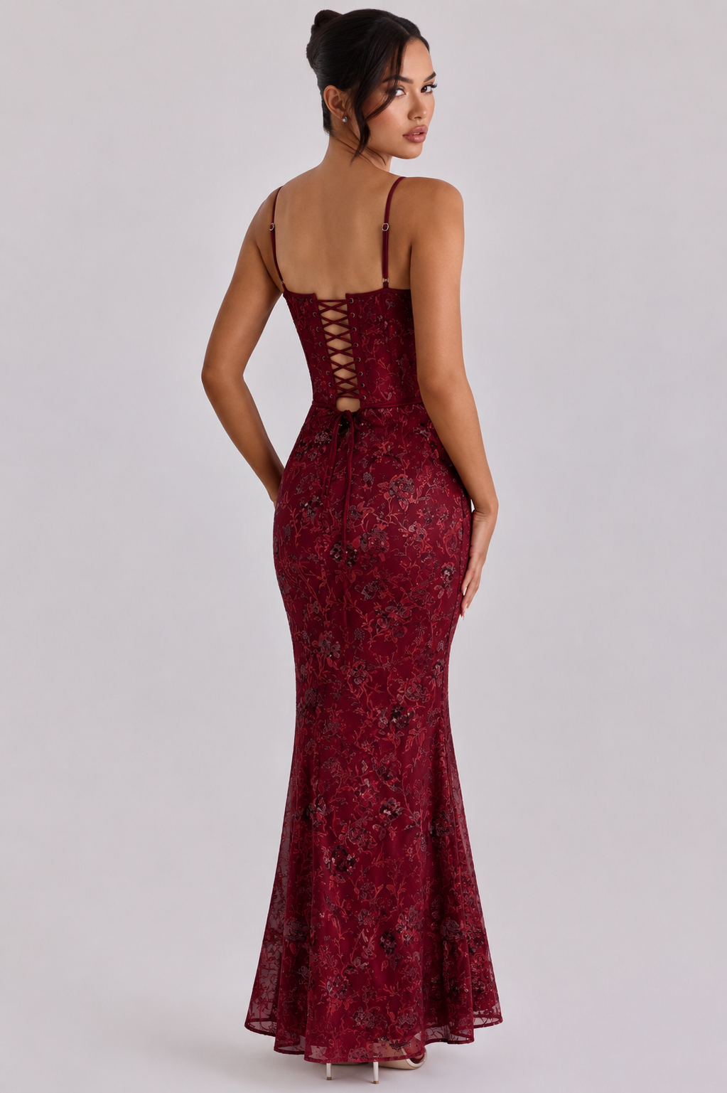 Wine hand embellished corset maxi dress