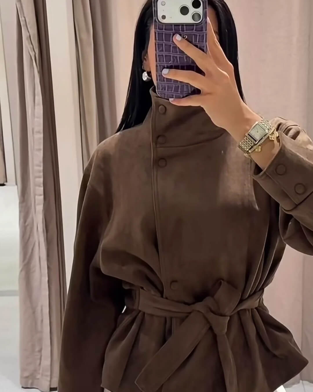 Amanda Funnel Faux Suede Trench Coat