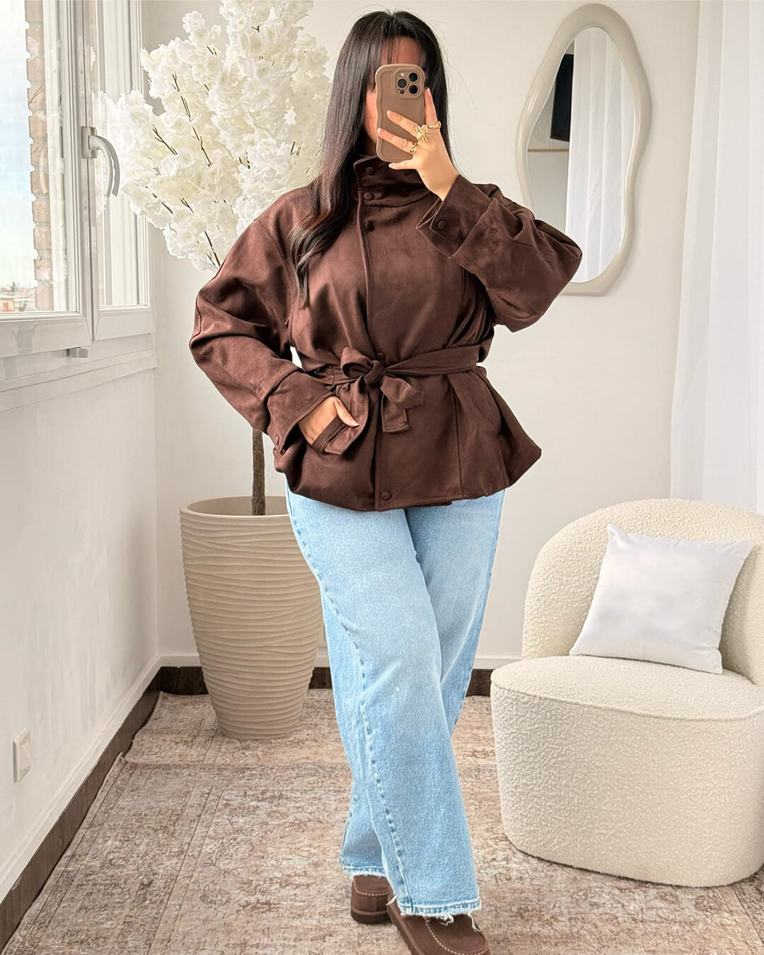 Amanda Funnel Faux Suede Trench Coat
