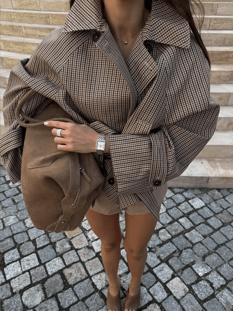 Jasmin Plaid Funnel Collar Trench Coat
