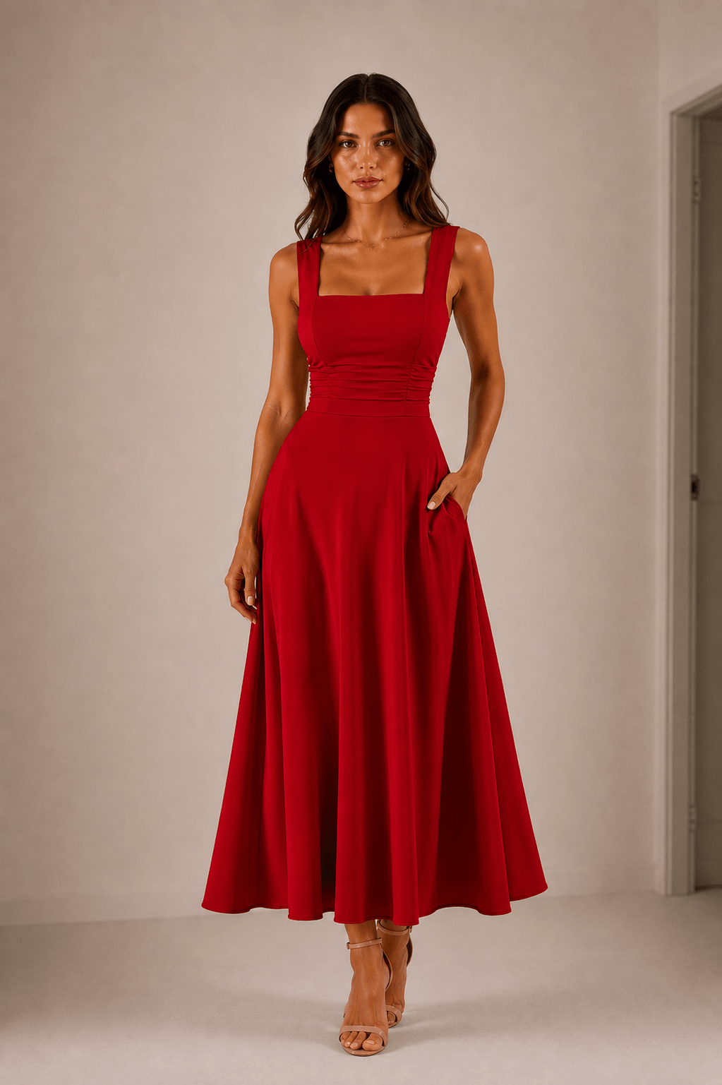Fiorella Back Tie Midi Dress with Pockets