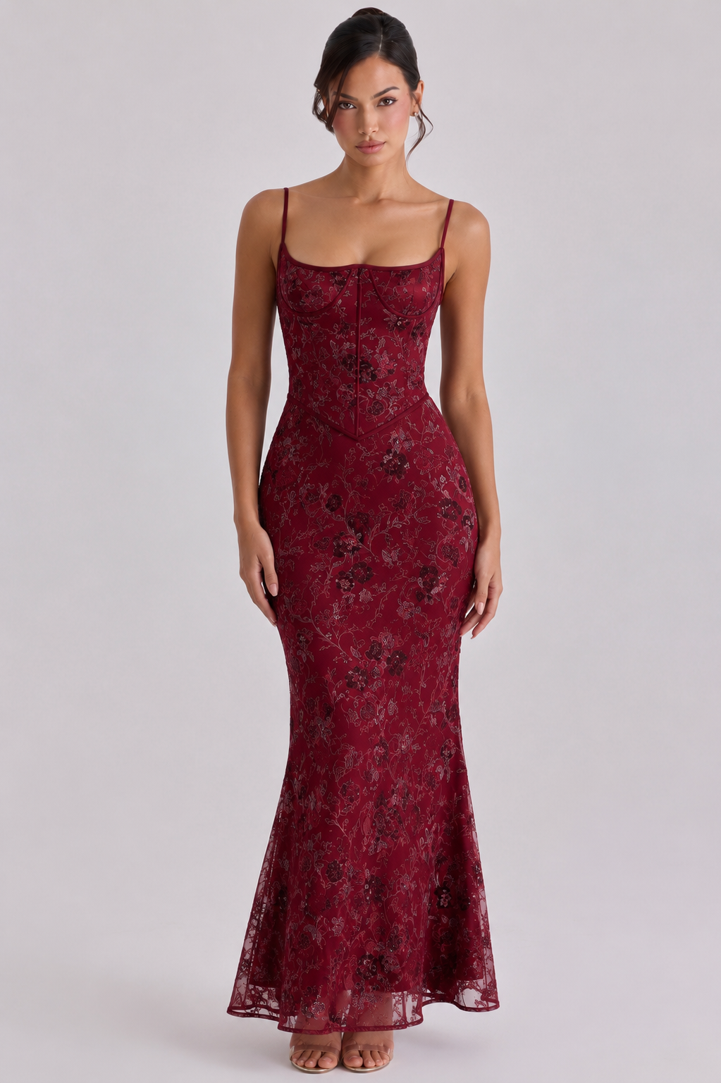 Wine hand embellished corset maxi dress