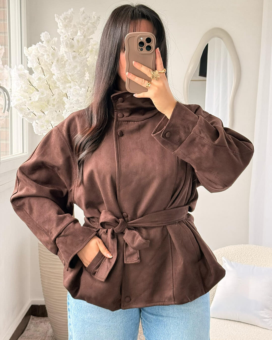 Amanda Funnel Faux Suede Trench Coat