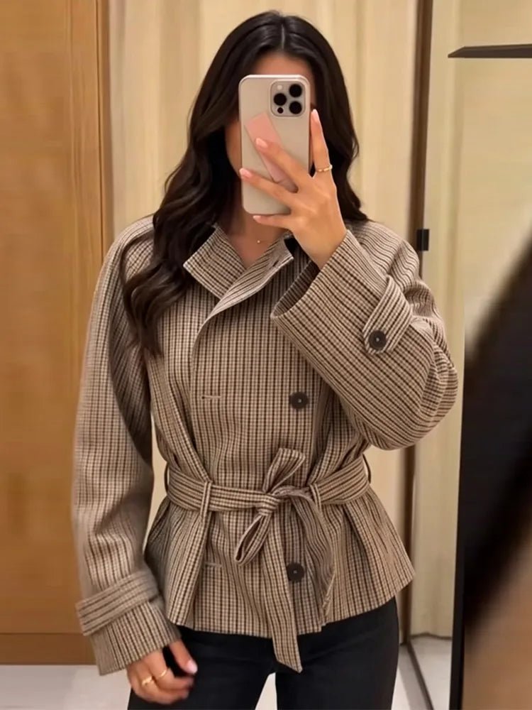 Jasmin Plaid Funnel Collar Trench Coat