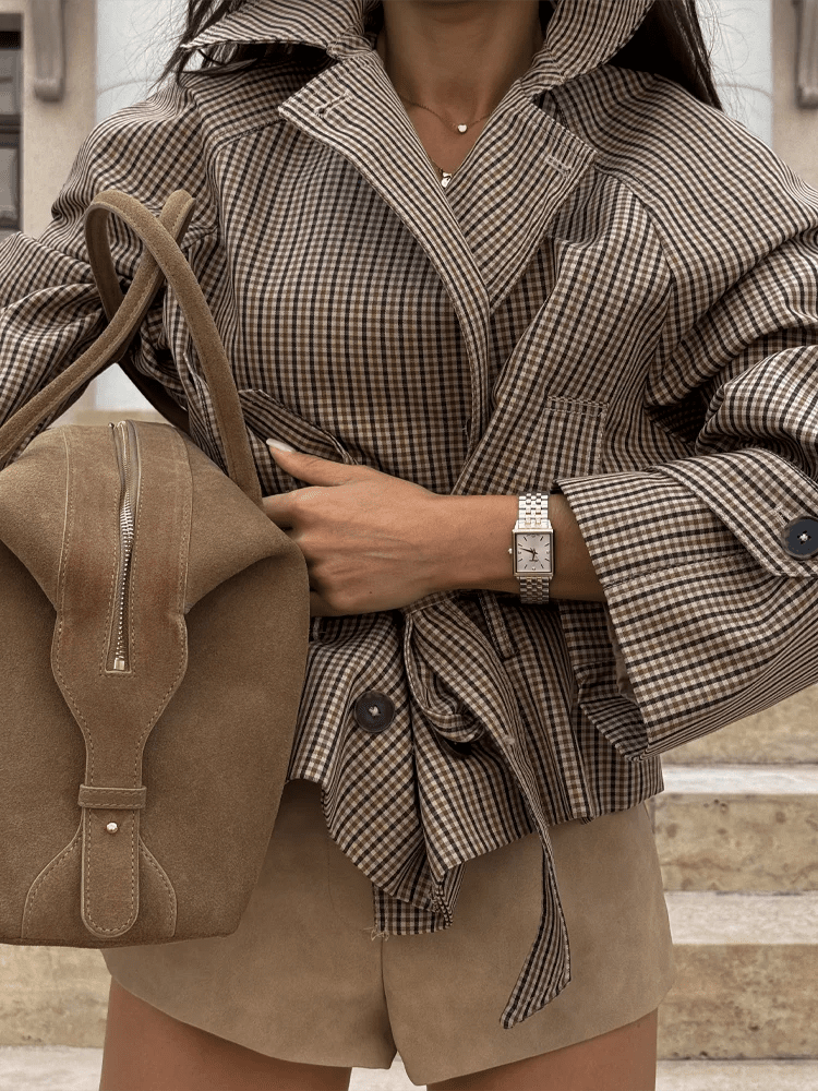 Jasmin Plaid Funnel Collar Trench Coat