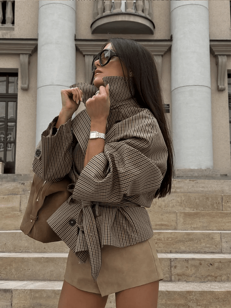 Jasmin Plaid Funnel Collar Trench Coat